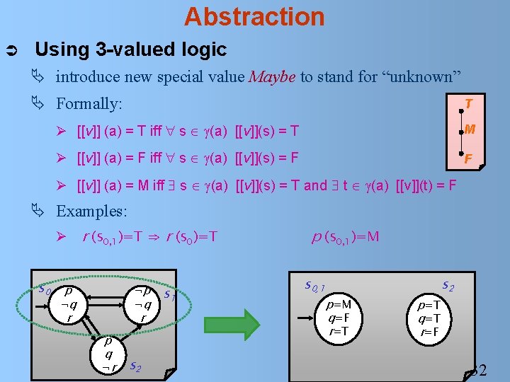 Abstraction Ü Using 3 -valued logic Ä introduce new special value Maybe to stand