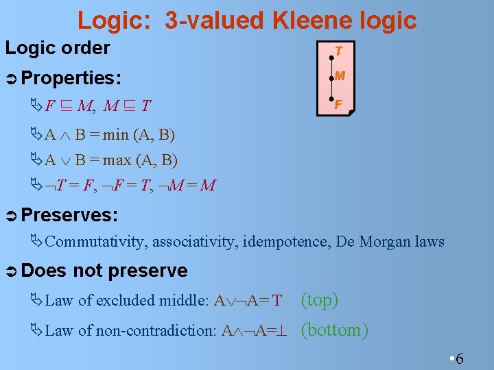 Logic: 3 -valued Kleene logic Logic order T Ü Properties: M ÄF ⊑ M,