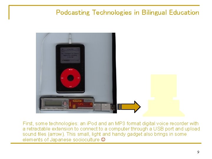 Podcasting Technologies in Bilingual Education First, some technologies: an i. Pod an MP 3