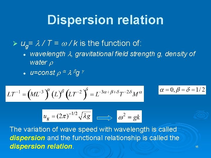 Dispersion relation Ø ug= / T = / k is the function of: l