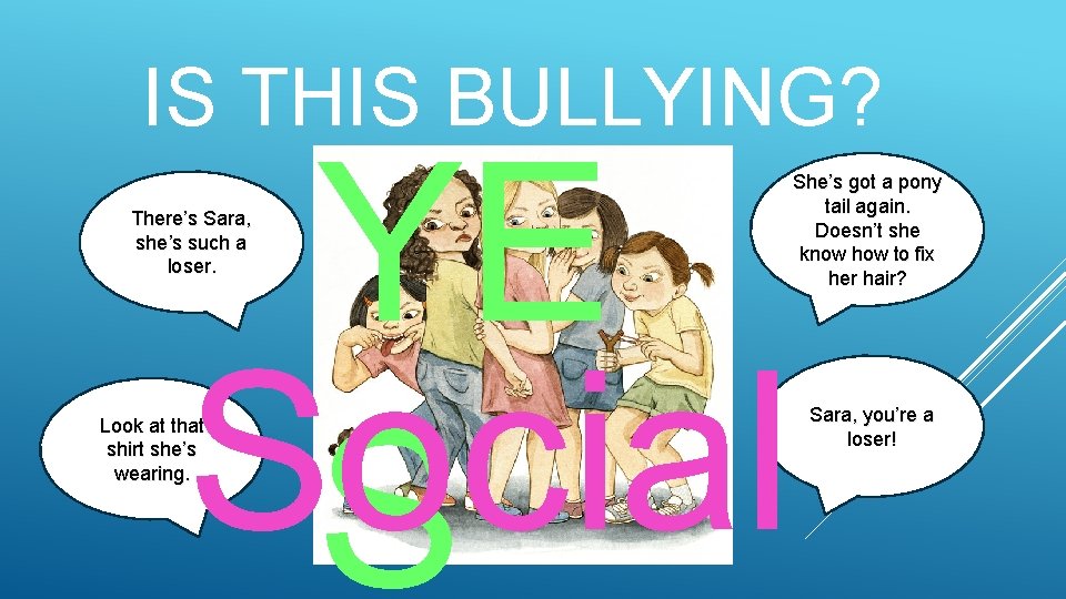 IS THIS BULLYING? YE Social S There’s Sara, she’s such a loser. Look at