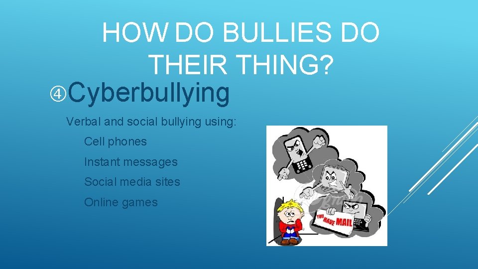 HOW DO BULLIES DO THEIR THING? Cyberbullying Verbal and social bullying using: Cell phones