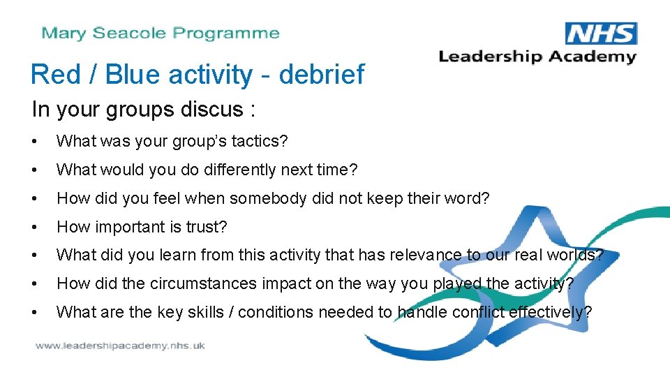 Red / Blue activity - debrief In your groups discus : • What was
