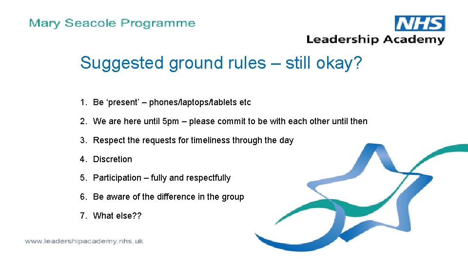 Suggested ground rules – still okay? 1. Be ‘present’ – phones/laptops/tablets etc 2. We