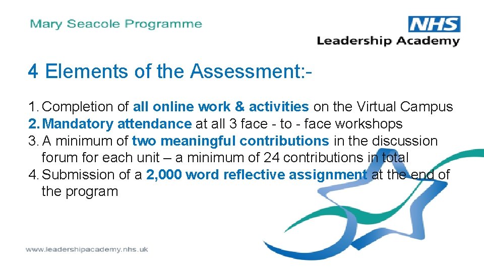 4 Elements of the Assessment: 1. Completion of all online work & activities on