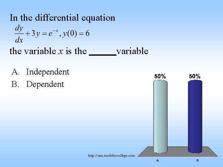 In the differential equation the variable x is the variable A. Independent B. Dependent
