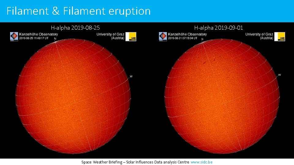 Filament & Filament eruption H-alpha 2019 -08 -25 H-alpha 2019 -09 -01 Space Weather