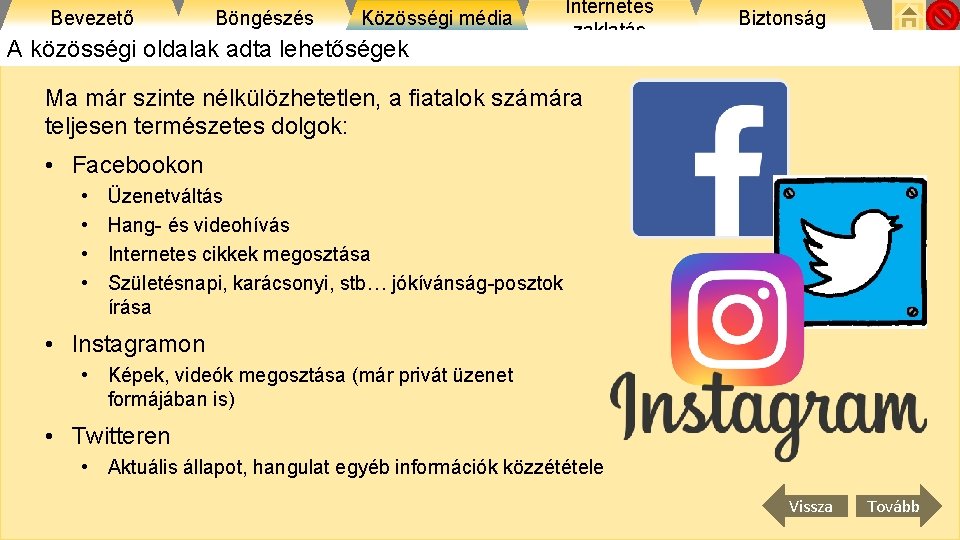 Bevezető Böngészés Közösségi média A közösségi oldalak adta lehetőségek Internetes zaklatás Biztonság Ma már