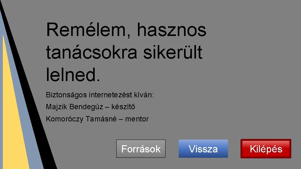 Remélem, hasznos tanácsokra sikerült lelned. Biztonságos internetezést kíván: Majzik Bendegúz – készítő Komoróczy Tamásné