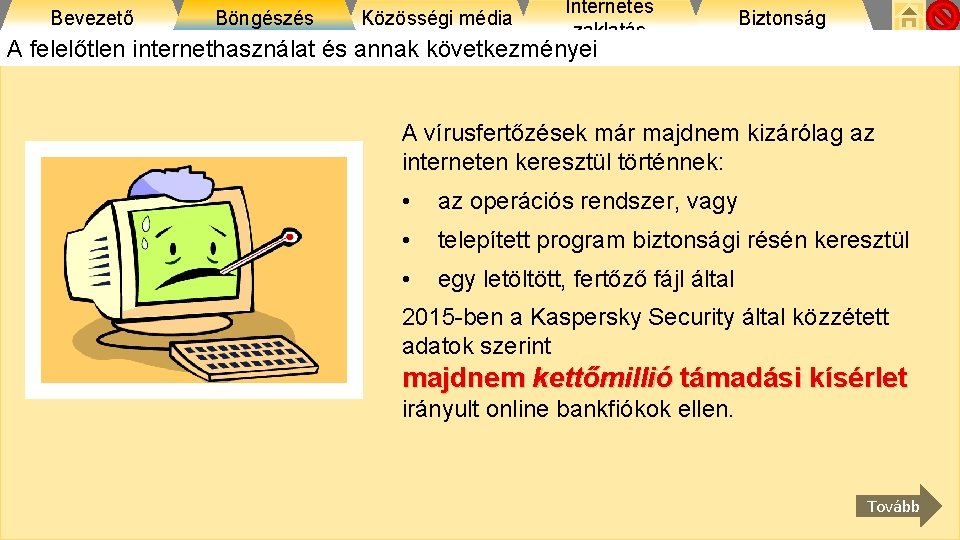 Bevezető Böngészés Közösségi média Internetes zaklatás Biztonság A felelőtlen internethasználat és annak következményei A