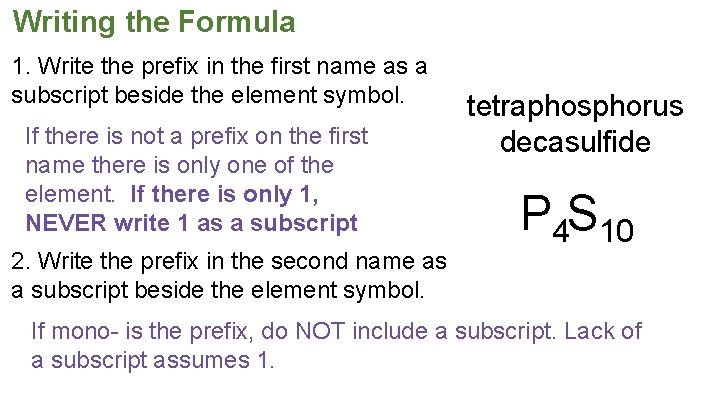 Writing the Formula 1. Write the prefix in the first name as a subscript