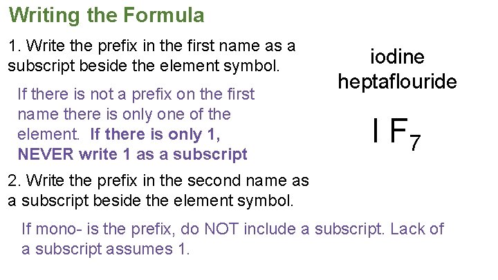 Writing the Formula 1. Write the prefix in the first name as a subscript