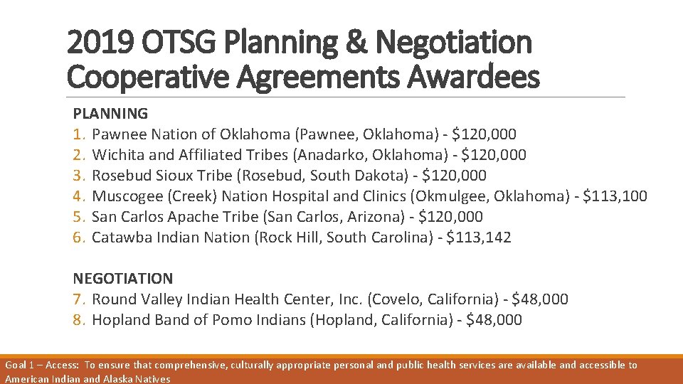 2019 OTSG Planning & Negotiation Cooperative Agreements Awardees PLANNING 1. Pawnee Nation of Oklahoma