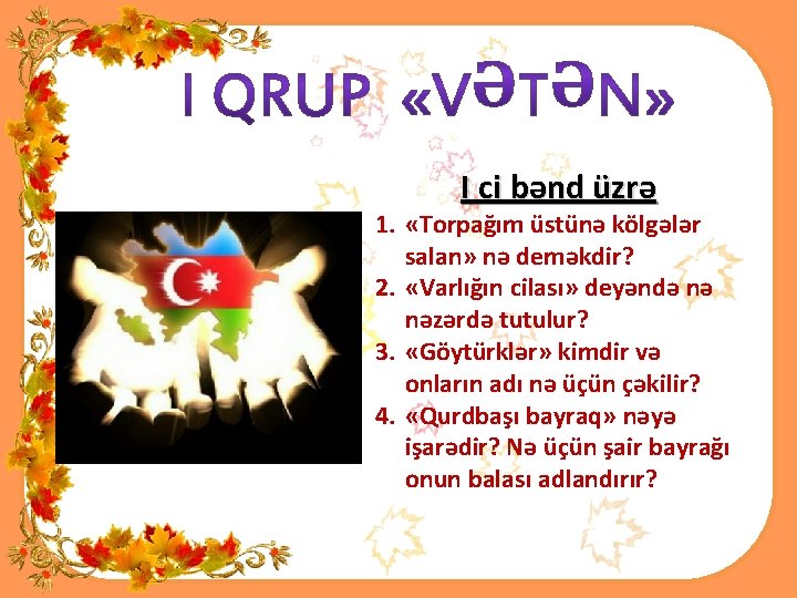 I ci bənd üzrə 1. «Torpağım üstünə kölgələr salan» nə deməkdir? 2. «Varlığın cilası»