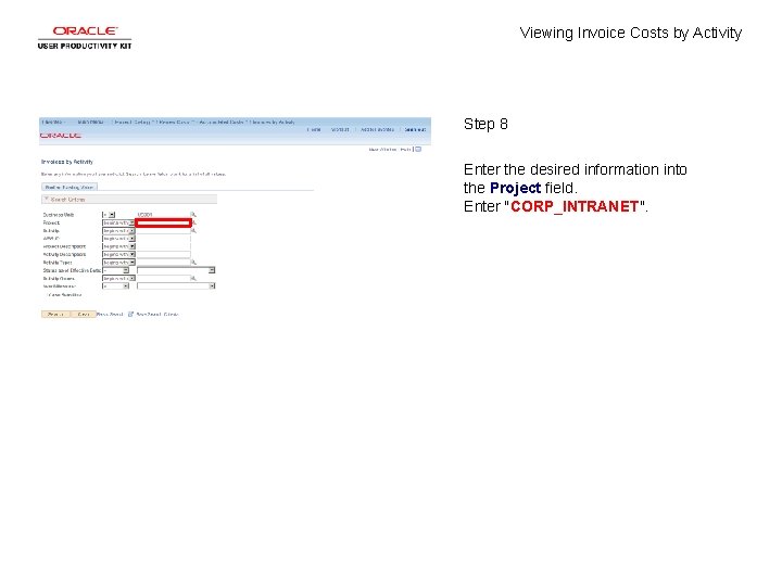 Viewing Invoice Costs by Activity Step 8 Enter the desired information into the Project