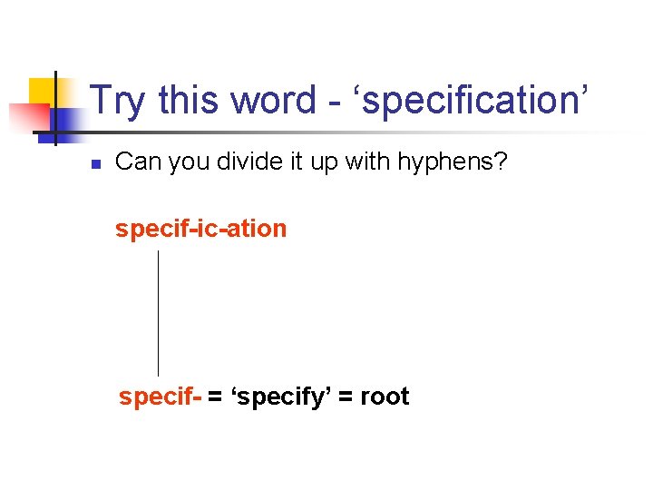 Try this word - ‘specification’ n Can you divide it up with hyphens? specif-ic-ation