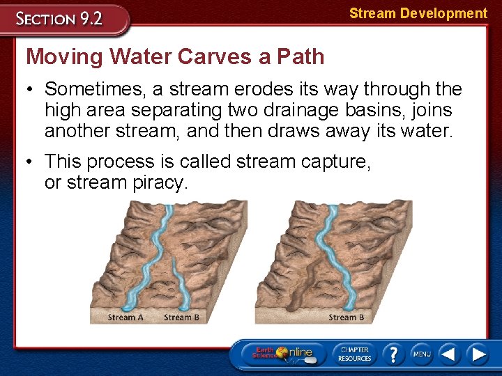 Stream Development Moving Water Carves a Path • Sometimes, a stream erodes its way