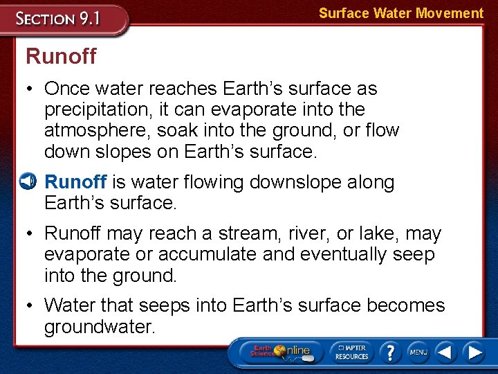 Surface Water Movement Runoff • Once water reaches Earth’s surface as precipitation, it can