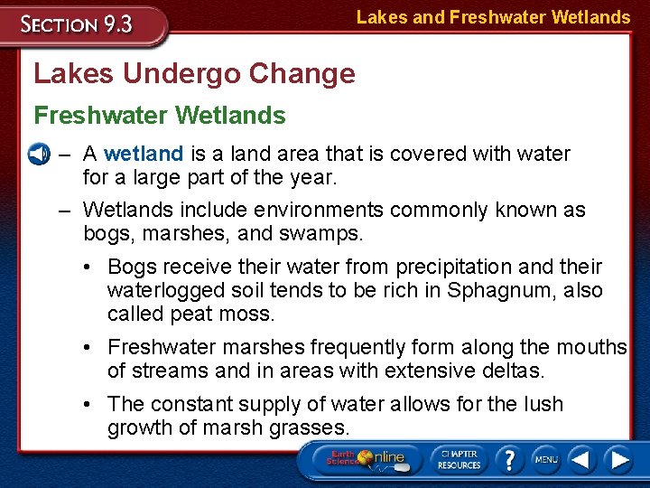 Lakes and Freshwater Wetlands Lakes Undergo Change Freshwater Wetlands – A wetland is a