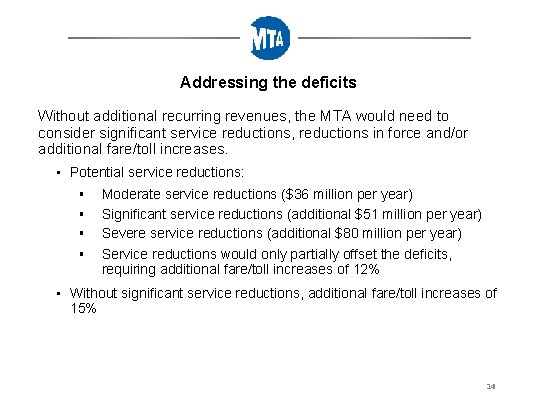 Addressing the deficits Without additional recurring revenues, the MTA would need to consider significant