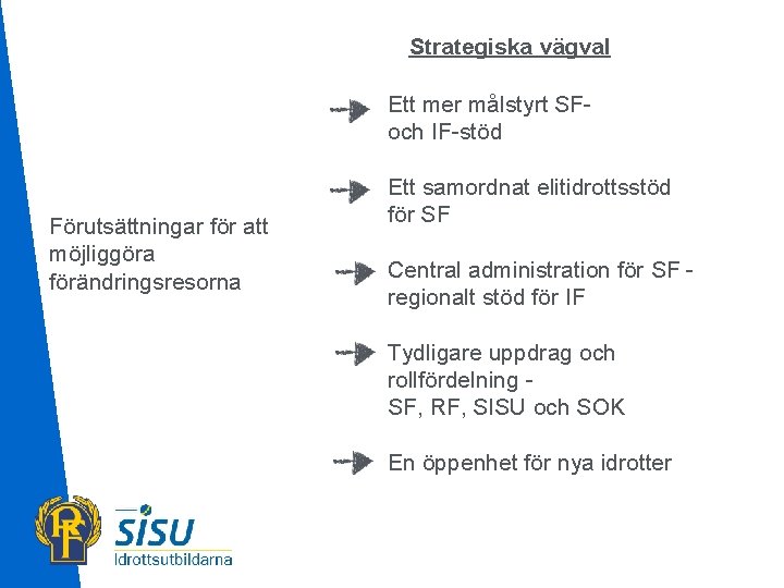 Strategiska vägval Ett mer målstyrt SFoch IF-stöd Förutsättningar för att möjliggöra förändringsresorna Ett samordnat