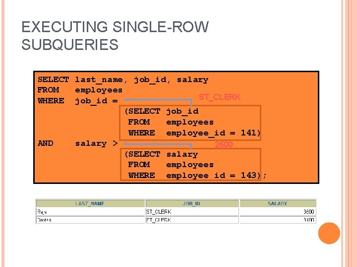 EXECUTING SINGLE-ROW SUBQUERIES SELECT last_name, job_id, salary FROM employees ST_CLERK WHERE job_id = (SELECT