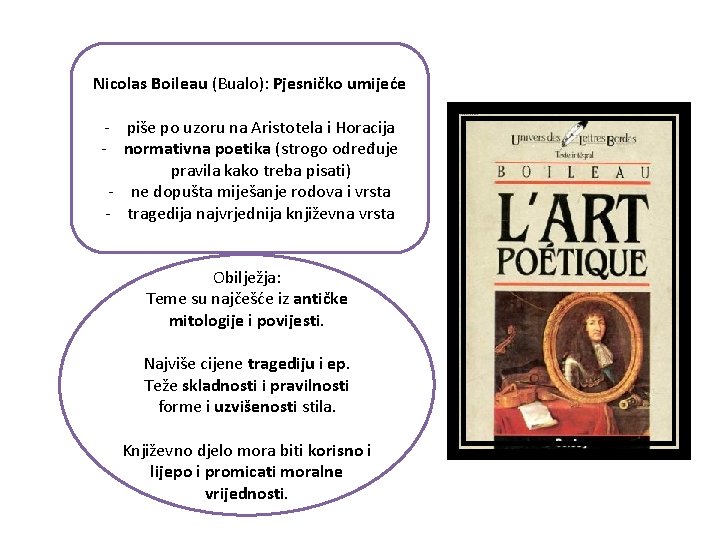 Nicolas Boileau (Bualo): Pjesničko umijeće - piše po uzoru na Aristotela i Horacija -