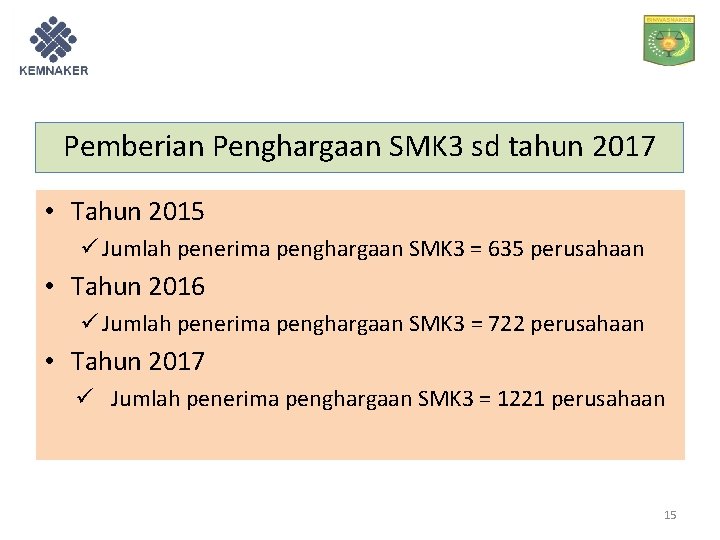 Pemberian Penghargaan SMK 3 sd tahun 2017 • Tahun 2015 ü Jumlah penerima penghargaan
