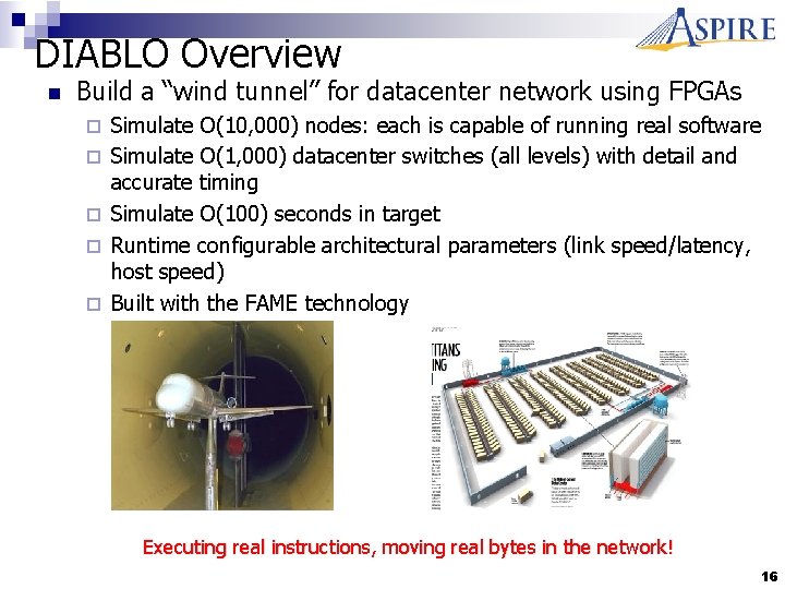 DIABLO Overview n Build a “wind tunnel” for datacenter network using FPGAs ¨ ¨