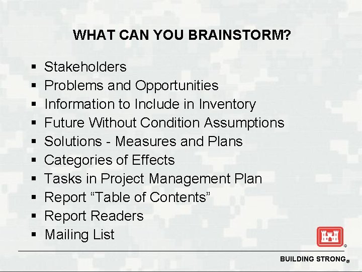 WHAT CAN YOU BRAINSTORM? § § § § § Stakeholders Problems and Opportunities Information