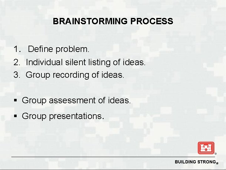BRAINSTORMING PROCESS 1. Define problem. 2. Individual silent listing of ideas. 3. Group recording