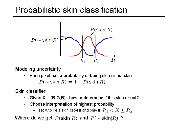 Probabilistic skin classification Modeling uncertainty • Each pixel has a probability of being skin