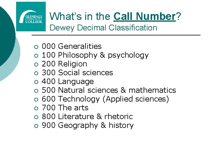 What’s in the Call Number? Dewey Decimal Classification ¡ ¡ ¡ ¡ ¡ 000