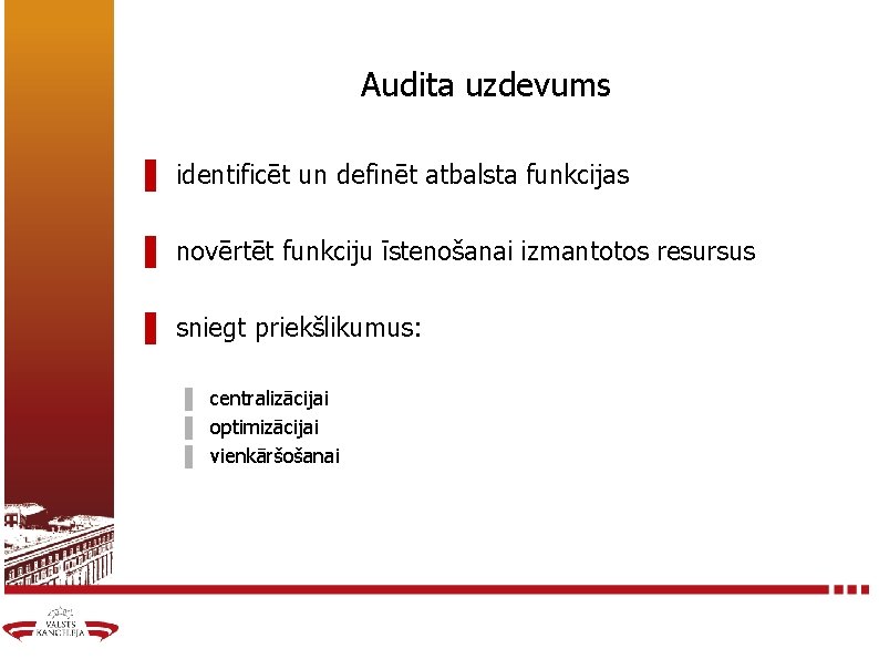 Audita uzdevums ▌ identificēt un definēt atbalsta funkcijas ▌ novērtēt funkciju īstenošanai izmantotos resursus