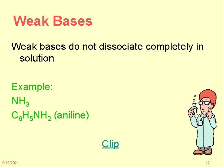 Weak Bases Weak bases do not dissociate completely in solution Example: NH 3 C