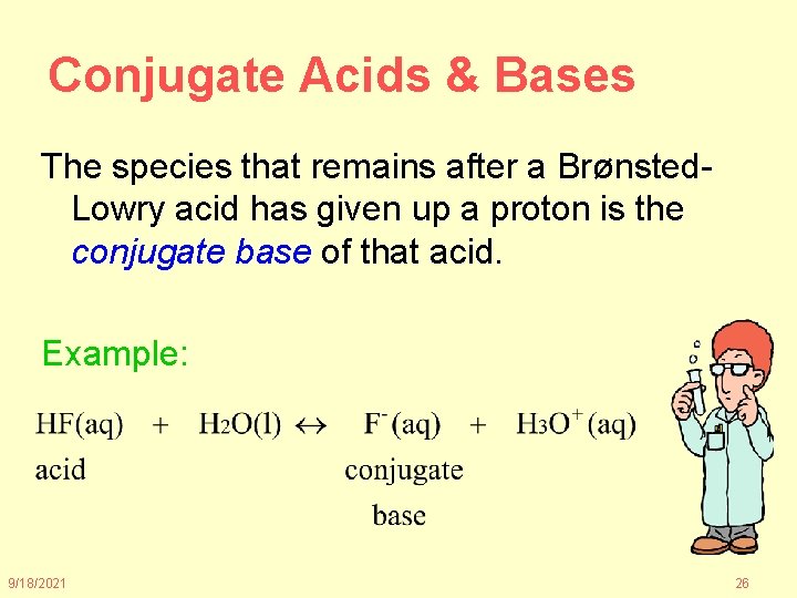 Conjugate Acids & Bases The species that remains after a Brønsted. Lowry acid has