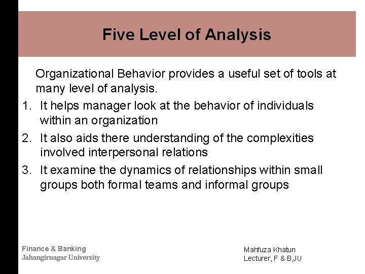 Five Level of Analysis Organizational Behavior provides a useful set of tools at many