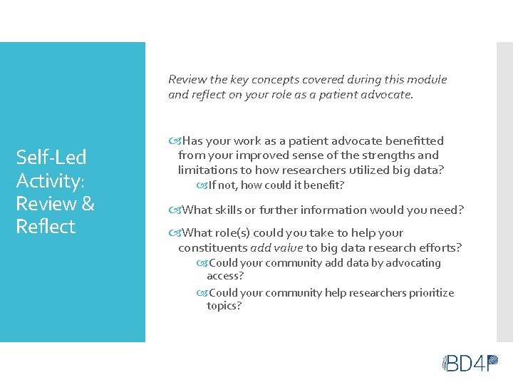 Review the key concepts covered during this module and reflect on your role as Review the key concepts covered during this module and reflect on your role as