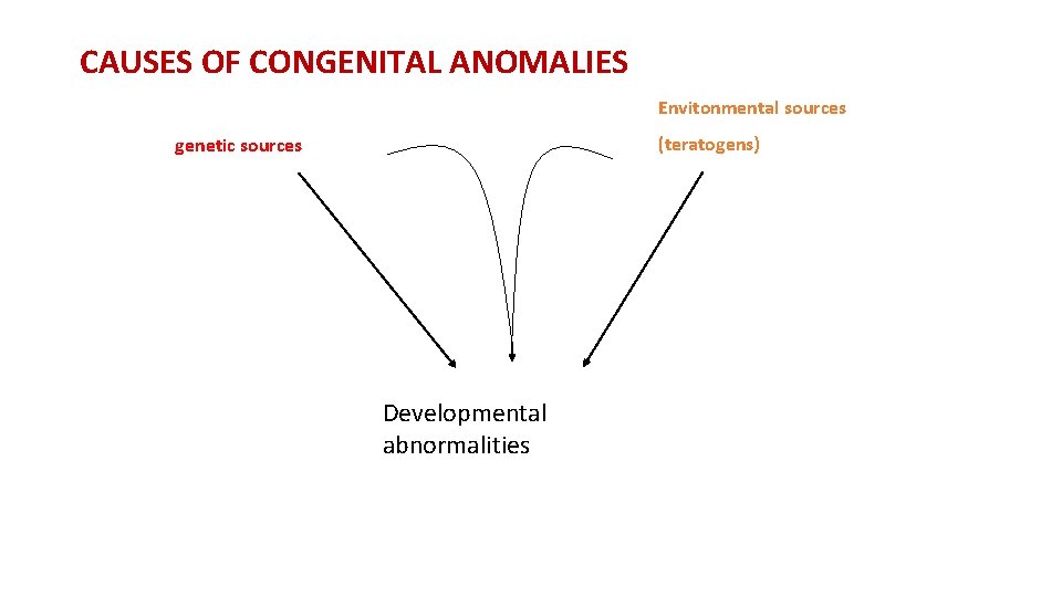 CAUSES OF CONGENITAL ANOMALIES Envitonmental sources (teratogens) genetic sources Developmental abnormalities 