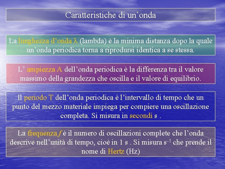 Caratteristiche di un’onda La lunghezza d’onda l (lambda) è la minima distanza dopo la