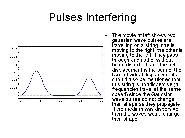 Pulses Interfering • The movie at left shows two gaussian wave pulses are travelling