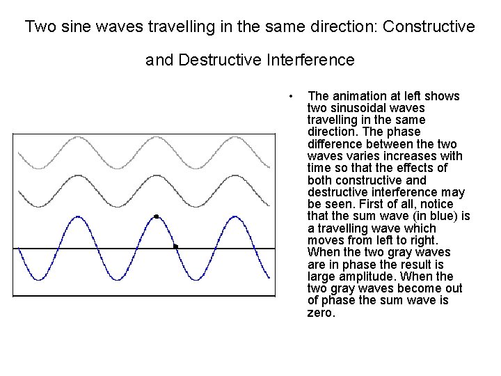 Two sine waves travelling in the same direction: Constructive and Destructive Interference • The