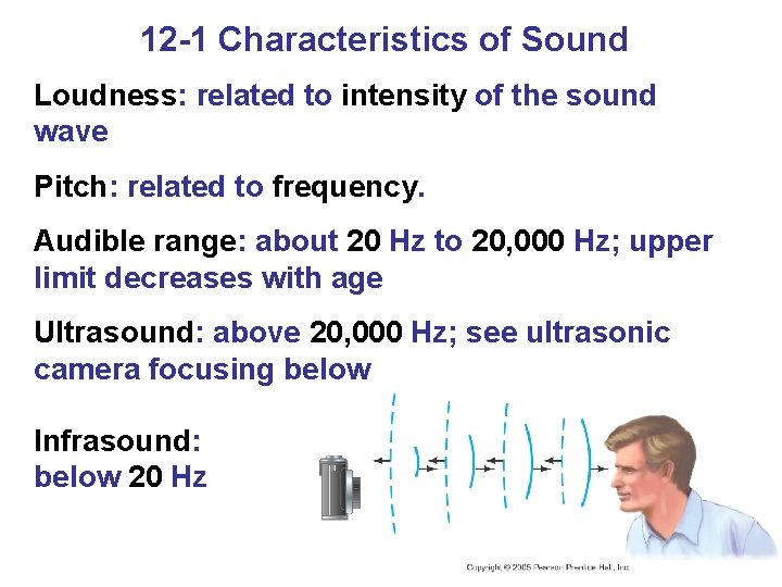 12 -1 Characteristics of Sound Loudness: related to intensity of the sound wave Pitch: