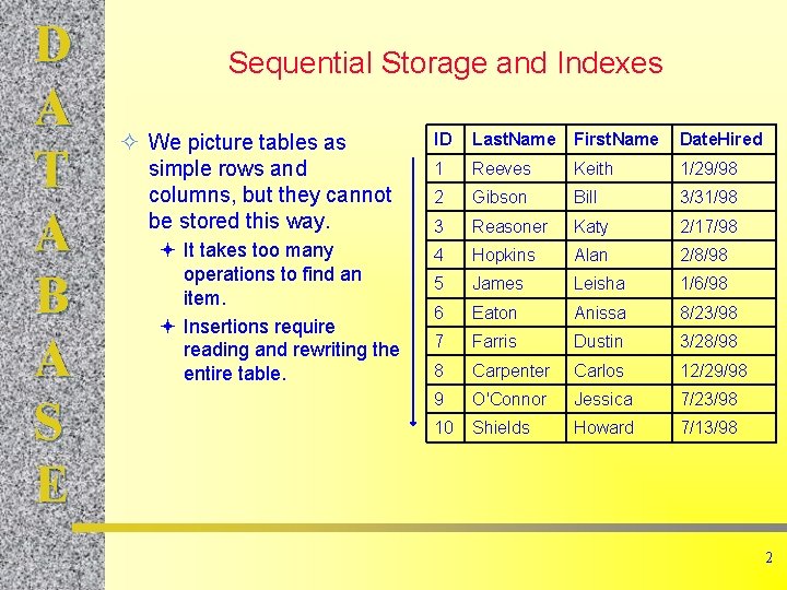 D A T A B A S E Sequential Storage and Indexes ² We