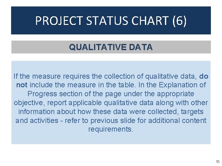 PROJECT STATUS CHART (6) QUALITATIVE DATA If the measure requires the collection of qualitative