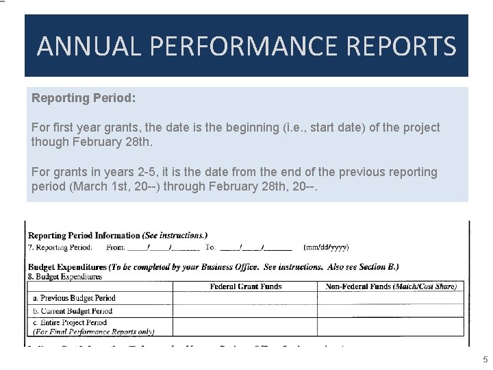 ANNUAL PERFORMANCE REPORTS Reporting Period: For first year grants, the date is the beginning
