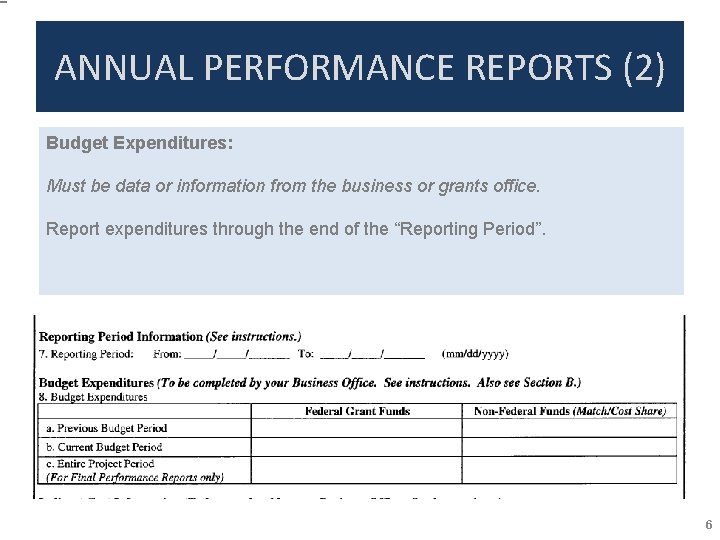 ANNUAL PERFORMANCE REPORTS (2) Budget Expenditures: Must be data or information from the business