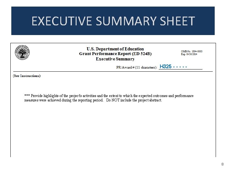 EXECUTIVE SUMMARY SHEET H 325 - - - *** Provide highlights of the project's