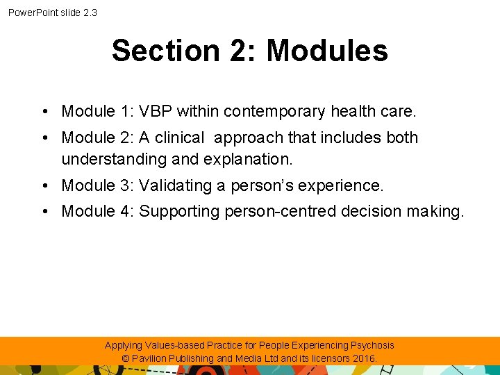 Power. Point slide 2. 3 Section 2: Modules • Module 1: VBP within contemporary