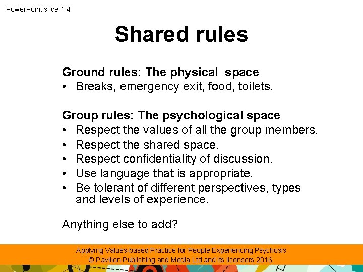Power. Point slide 1. 4 Shared rules Ground rules: The physical space • Breaks,